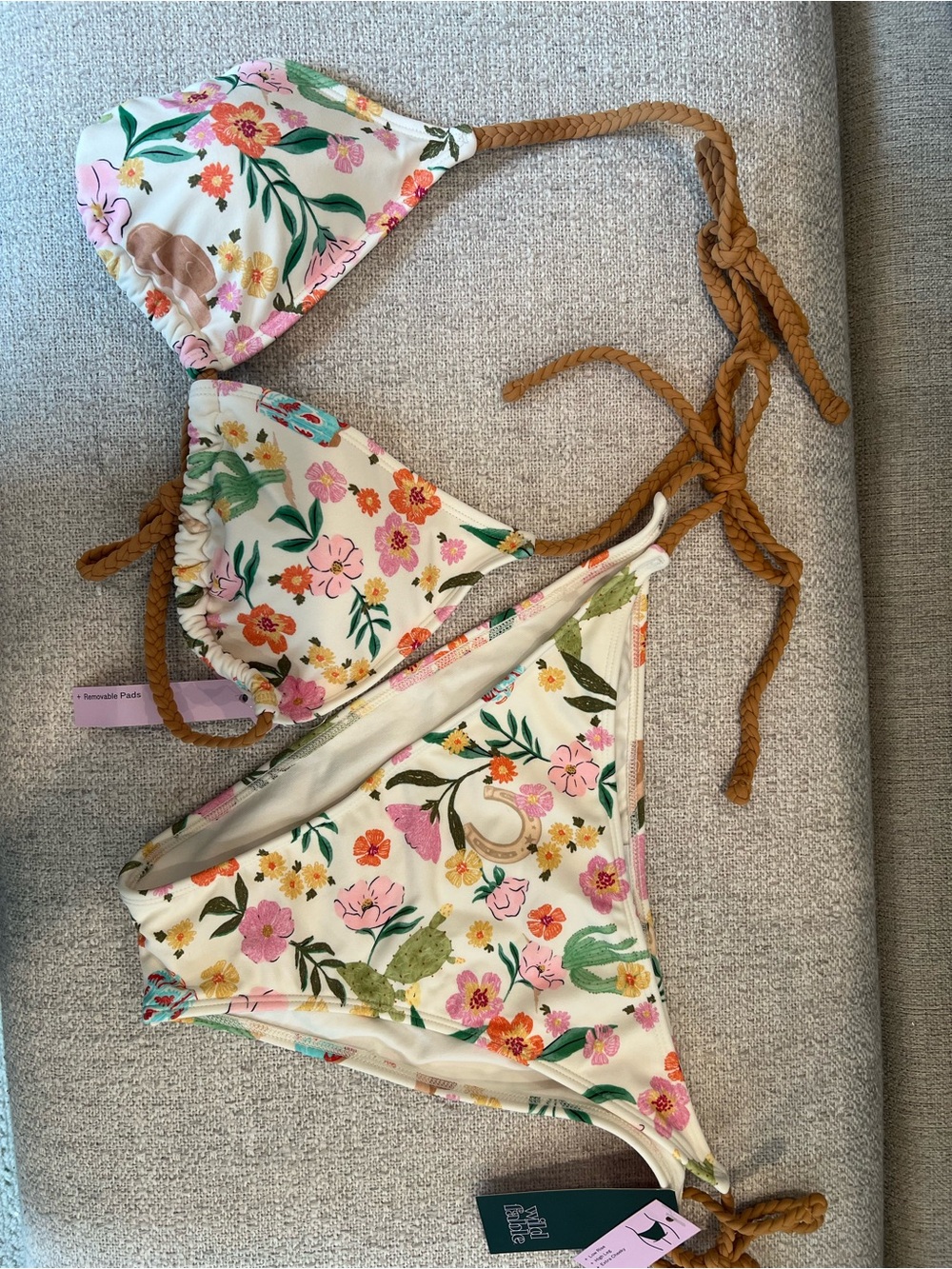Wild Fable White Floral Bikini Top with Tan Braided Straps